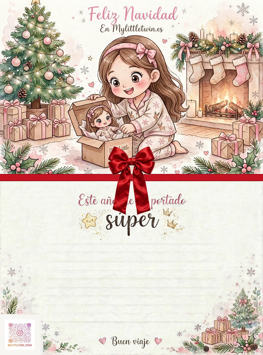Carta a los Reyes Magos doble cara con lazo rojo - regalo gratis pack gemelas niña y muñeca iguales Navidad My Little Twin